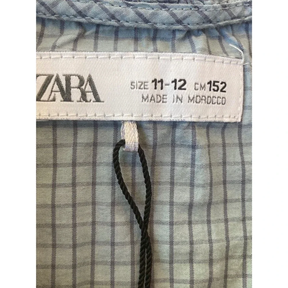Zara Girls 11-12 Blue Textured Plaid Button Down Long Sleeve Velvet Bows